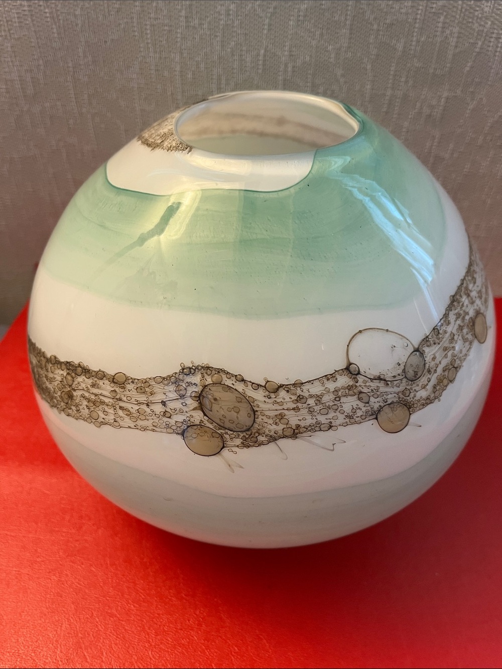 Hand-Blown Glass Orb Vase in Mint Green, brown and White 8”H